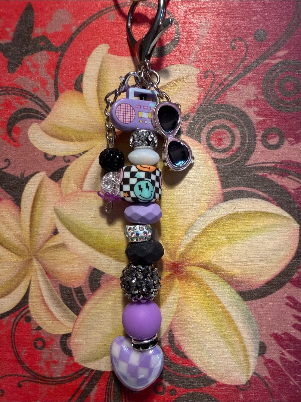 Purple Beaded Keychain Charm Card Holder Accessory